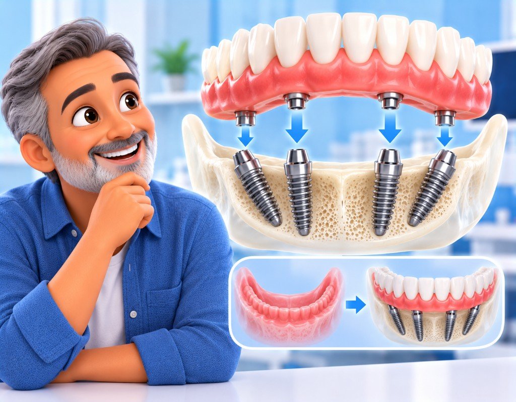 Illustrated educational graphic for “All-on-4 Dental Implants: A Careful Explanation”. Not a photograph of a patient.