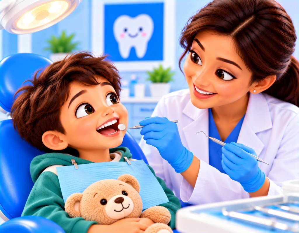 Illustrated educational graphic for “Children's Dental Checkups”. Not a photograph of a patient.