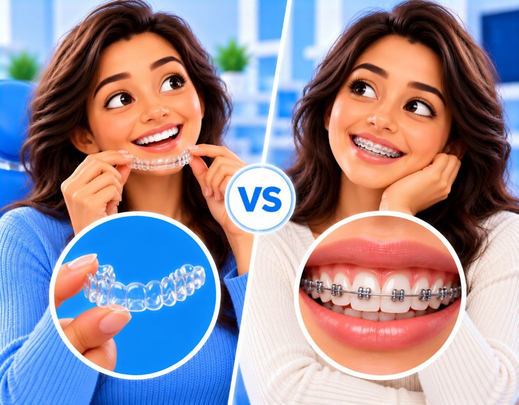 Illustrated educational graphic for “Clear Aligners vs Braces”. Not a photograph of a patient.