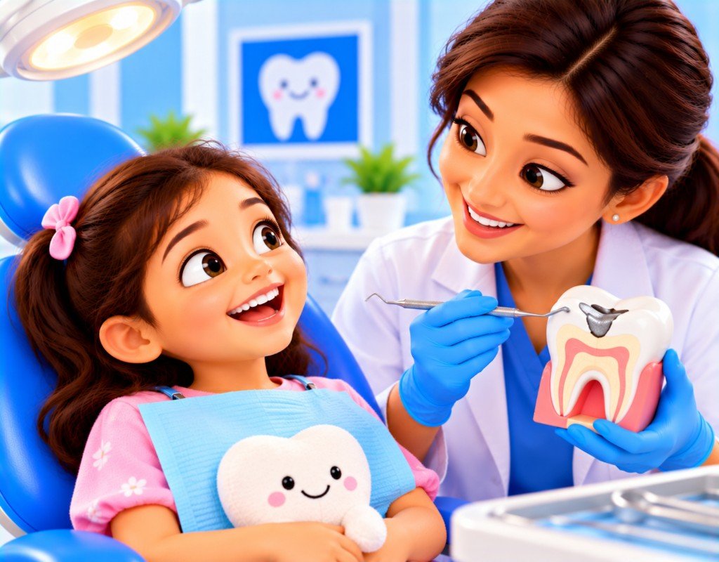 Illustrated educational graphic for “Dental Fillings for Children”. Not a photograph of a patient.