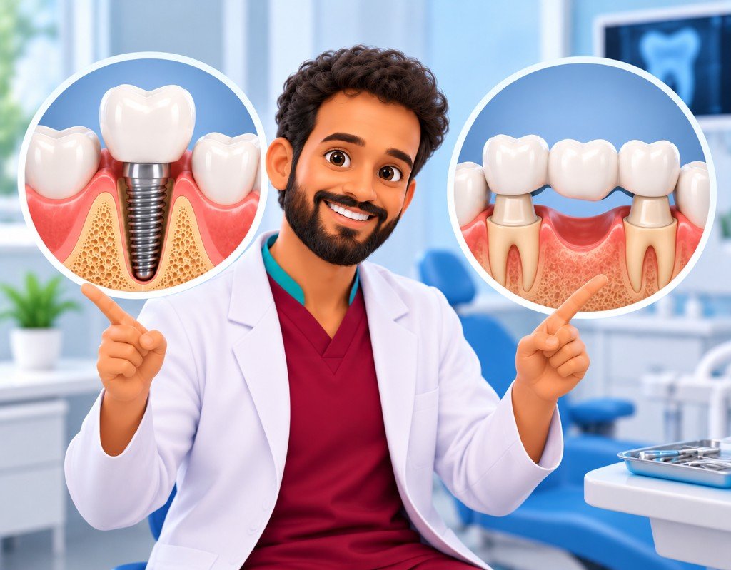 Illustrated educational graphic for “Dental Implants vs Dental Bridges”. Not a photograph of a patient.