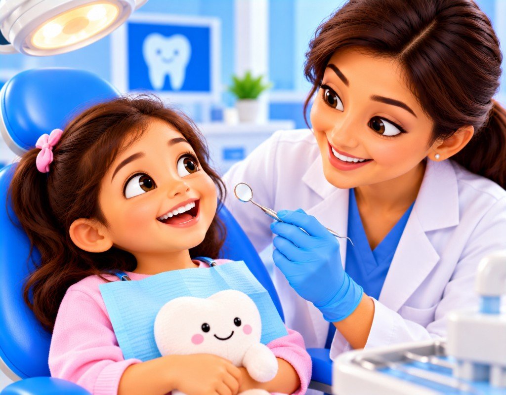 Illustrated educational graphic for “First Dental Visit for Children”. Not a photograph of a patient.