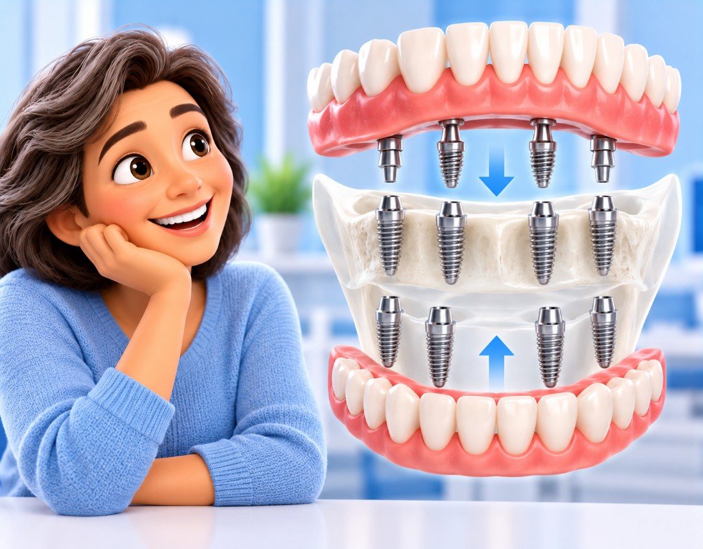 Illustrated educational graphic for “Full Mouth Dental Implants: What the Term Means”. Not a photograph of a patient.