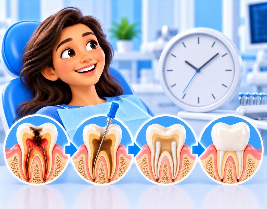Illustrated educational graphic for “How Long Does Root Canal Treatment Take?”. Not a photograph of a patient.
