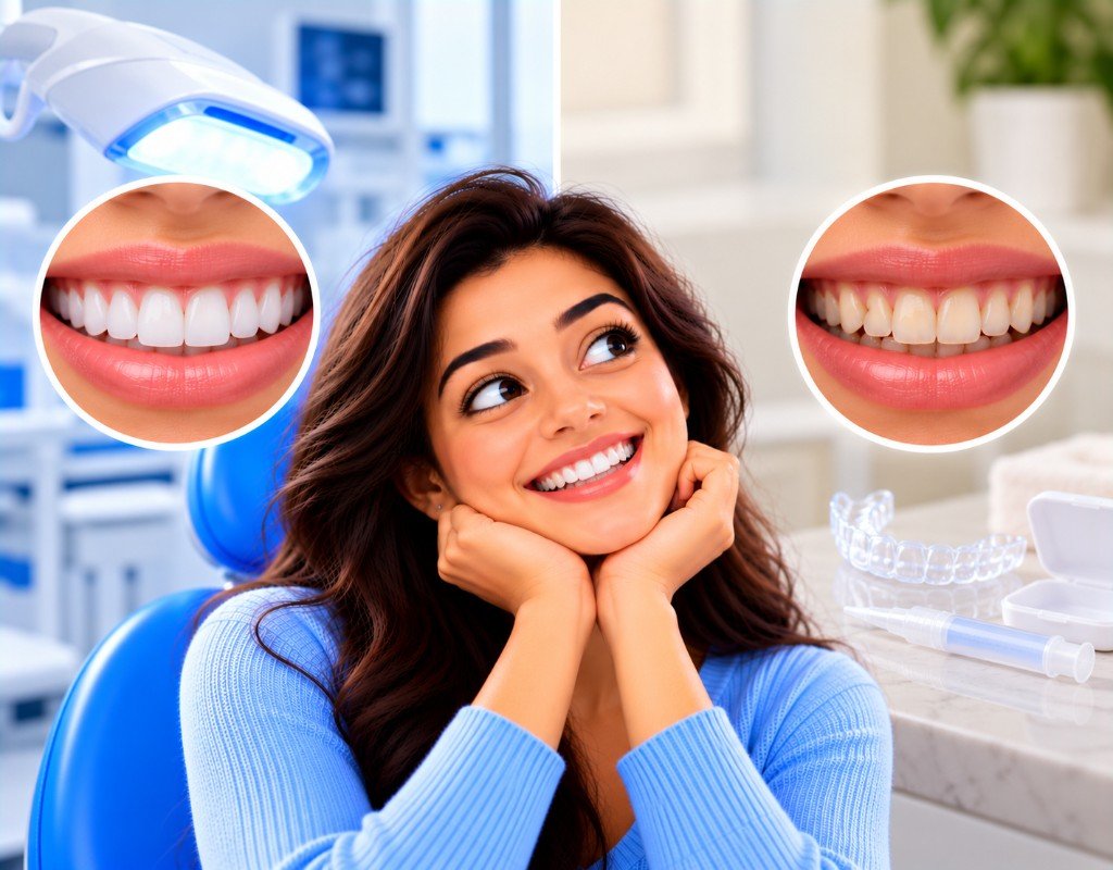 Illustrated educational graphic for “Professional vs Home Teeth Whitening”. Not a photograph of a patient.