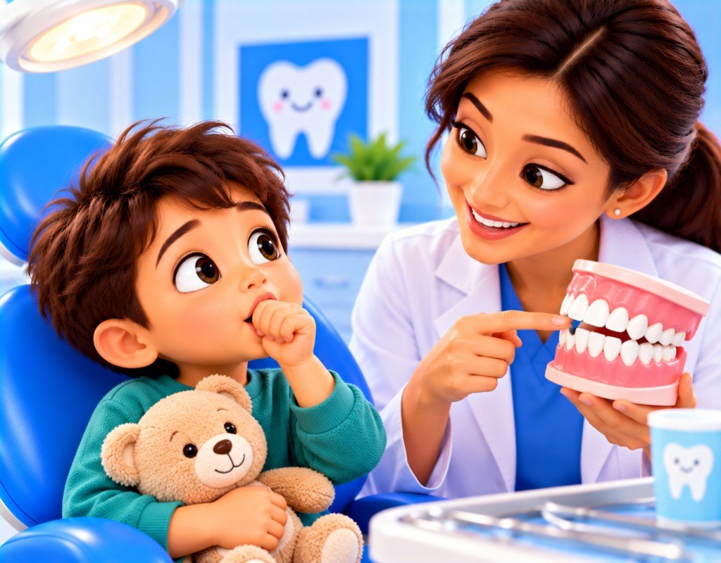 Illustrated educational graphic for “Thumb Sucking and Teeth”. Not a photograph of a patient.