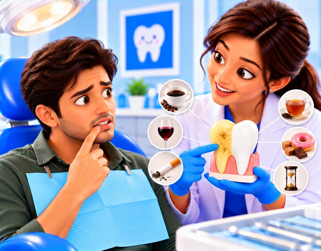 Illustrated educational graphic for “What Causes Yellow Teeth?”. Not a photograph of a patient.