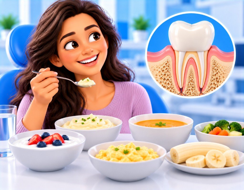 Illustrated educational graphic for “What to Eat After Root Canal Treatment”. Not a photograph of a patient.