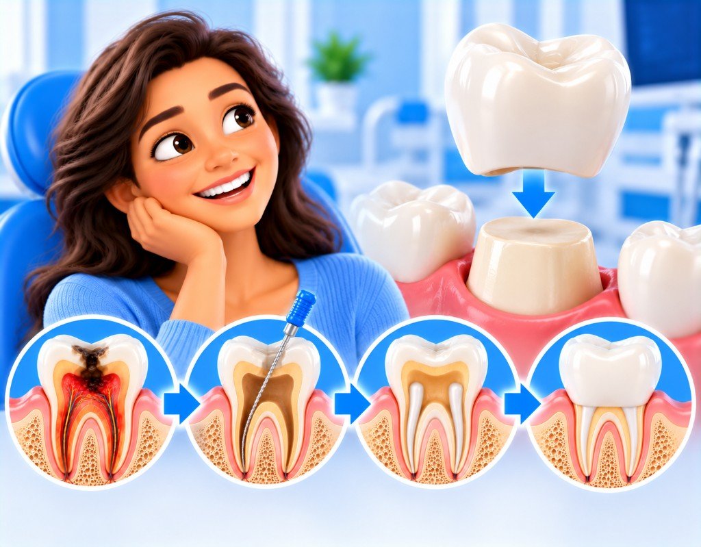 Illustrated educational graphic for “Why a Crown Is Often Needed After Root Canal Treatment”. Not a photograph of a patient.